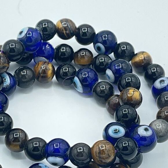 Crystal beaded stretch bracelet ONE NEW evil eye yellow tiger eye silver obsidia - Picture 7 of 10